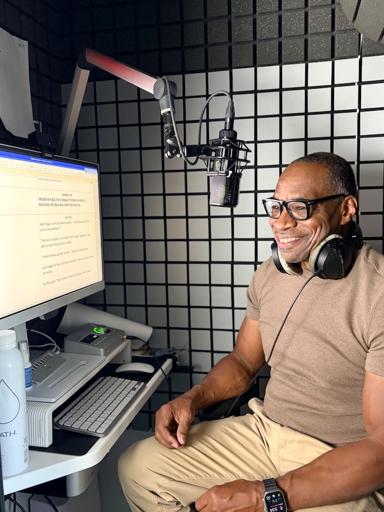William Marshall Cline, African American Voice Actor and narrator smiling after his last take for a new Audio Description job