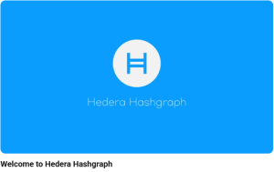 The blue closing screen showing the white font wording & Logo " Hedera Hashgraph". image from the 'Welcome to Hedera Hashgraph' WM Cline Commercial Voiceover Video